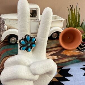 A12 Turquoise Flower Ring with 7 Stones in 92.5% Silver Setting